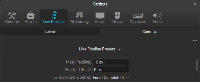 A screenshot of the Advanced General settings on the Cameras tab of the Live Pipeline section of the Motive application settings panel.