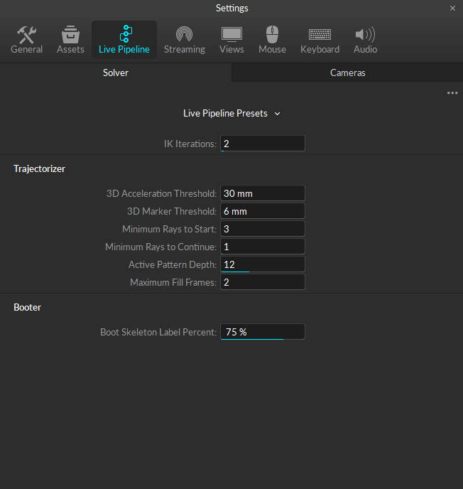 A screenshot of the Settings panel, Live Pipeline section, Solver Tab - basic settings only. 