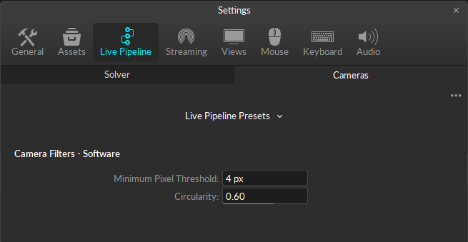 A screenshot of the Basic settings on the Cameras tab of the Live Pipeline section of the Motive application settings panel.